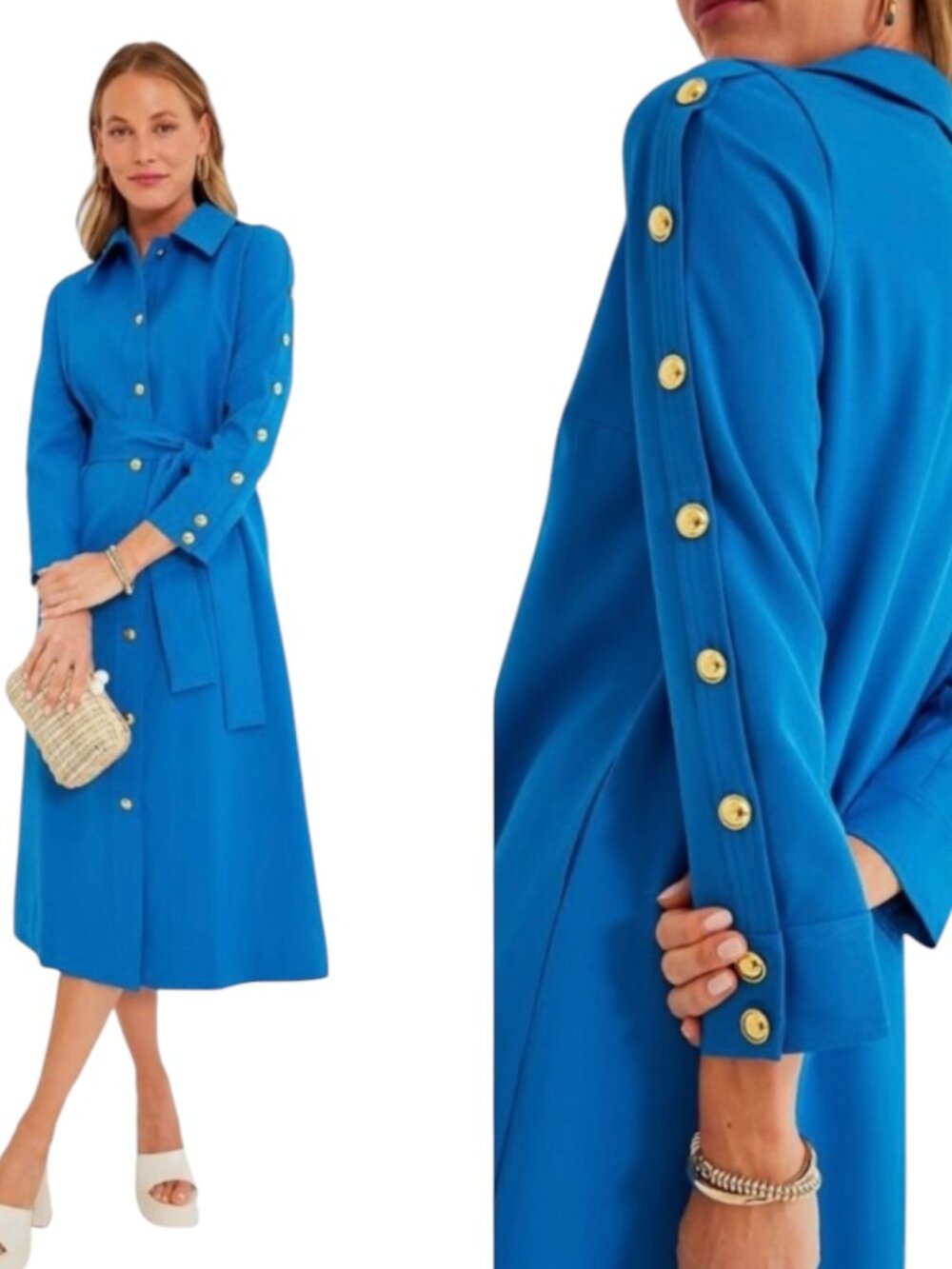 Tuckernuck Baleine Belted Sarah Midi Shirt Dress Cobalt Blue Gold S